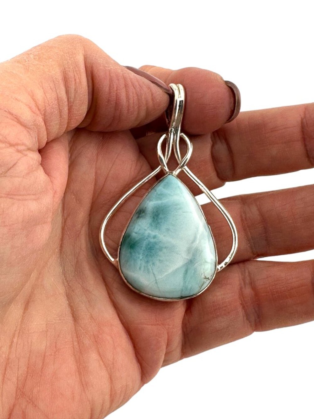 Larimar Pendant 925 Sterling Silver Teardrop Ocean Blue Gemstone Openwork - Picture 5 of 10
